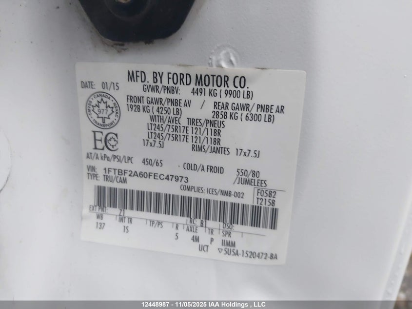 2015 Ford F250 Super Duty VIN: 1FTBF2A60FEC47973 Lot: 12448987