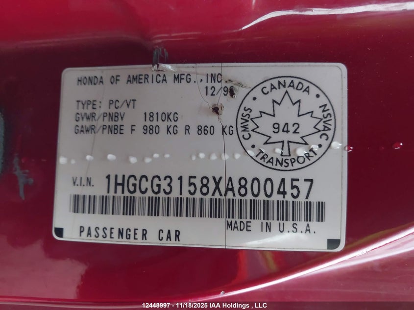 1HGCG3158XA800457 1999 HONDA ACCORD photo no. 9