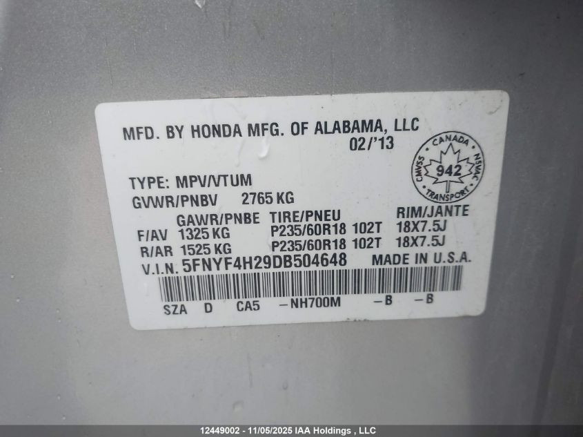 2013 Honda Pilot Lx VIN: 5FNYF4H29DB504648 Lot: 12449002