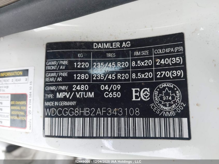 2010 Mercedes-Benz Glk 350 4Matic VIN: WDCGG8HB2AF343108 Lot: 12449005