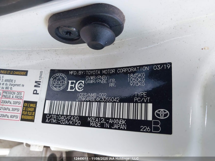 JTNK4RBE4K3055042 2019 TOYOTA COROLLA photo no. 9