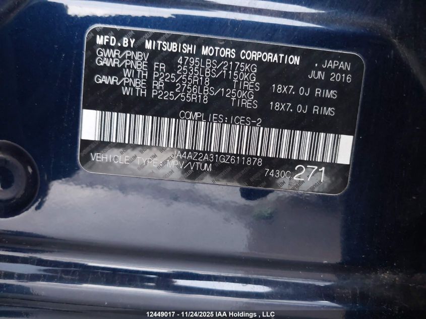 2016 Mitsubishi Outlander Es VIN: JA4AZ2A31GZ611878 Lot: 12449017