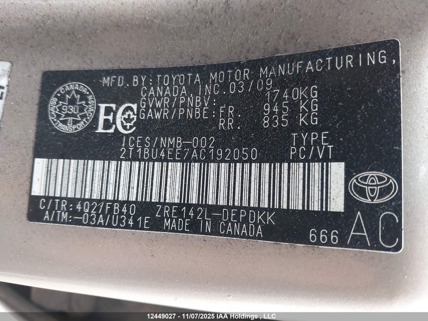 2T1BU4EE7AC192050 2010 TOYOTA COROLLA photo no. 9