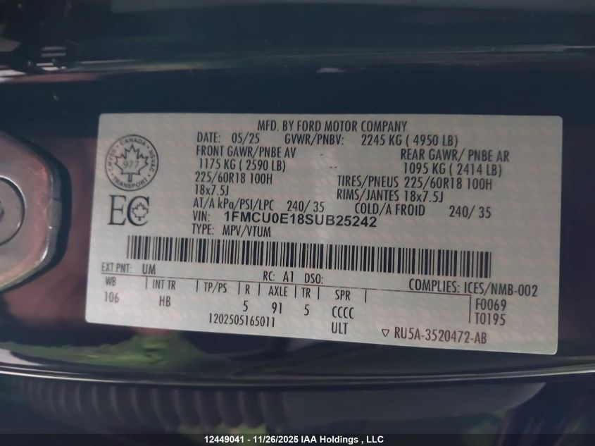 2025 Ford Escape VIN: 1FMCU0E18SUB25242 Lot: 12449041