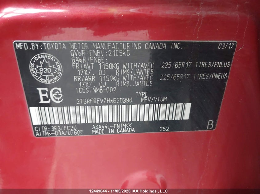 2017 Toyota Rav4 Xle VIN: 2T3RFREV7HW620396 Lot: 12449044