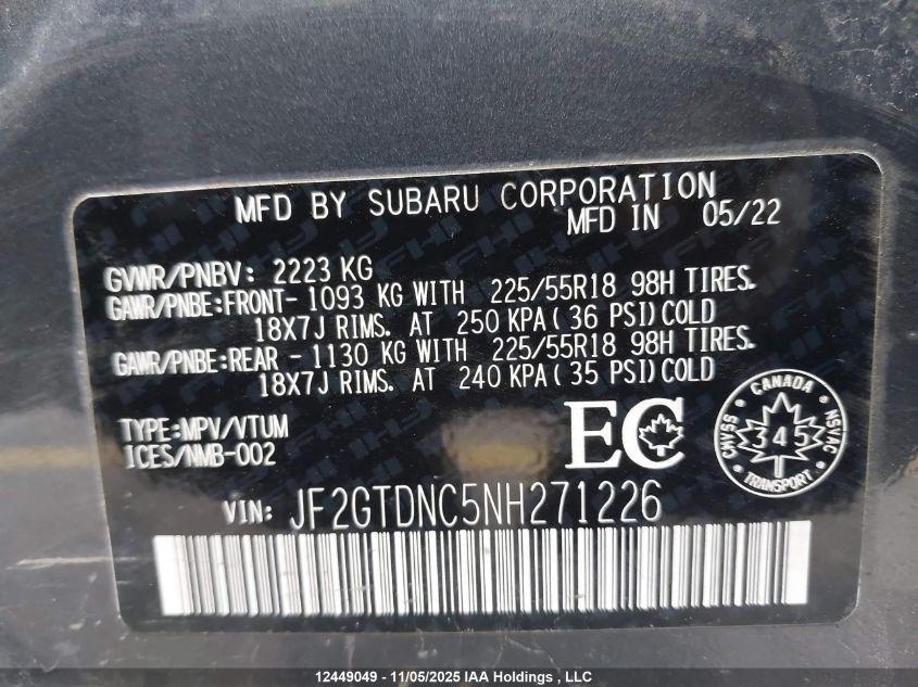 2022 Subaru Crosstrek Limited VIN: JF2GTDNC5NH271226 Lot: 12449049