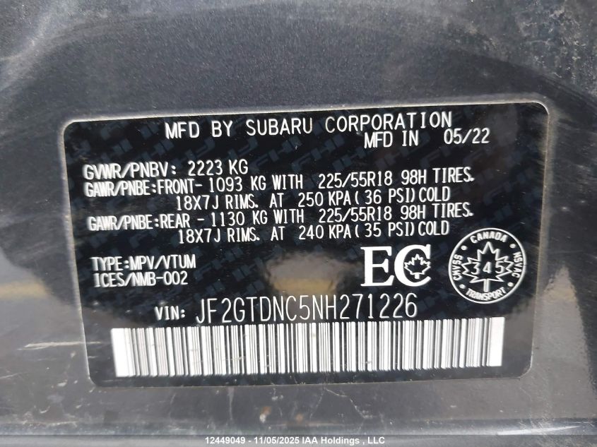 2022 Subaru Crosstrek Limited VIN: JF2GTDNC5NH271226 Lot: 12449049