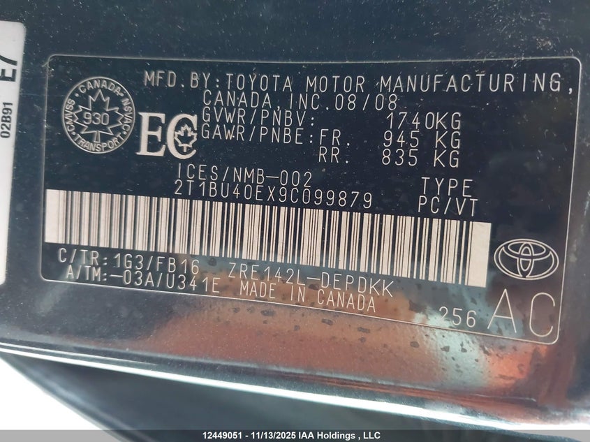 2T1BU40EX9C099879 2009 TOYOTA COROLLA photo no. 9