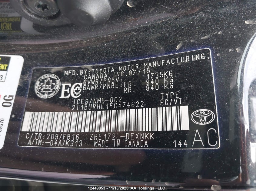 2T1BURHE1FC474622 2015 TOYOTA COROLLA photo no. 9