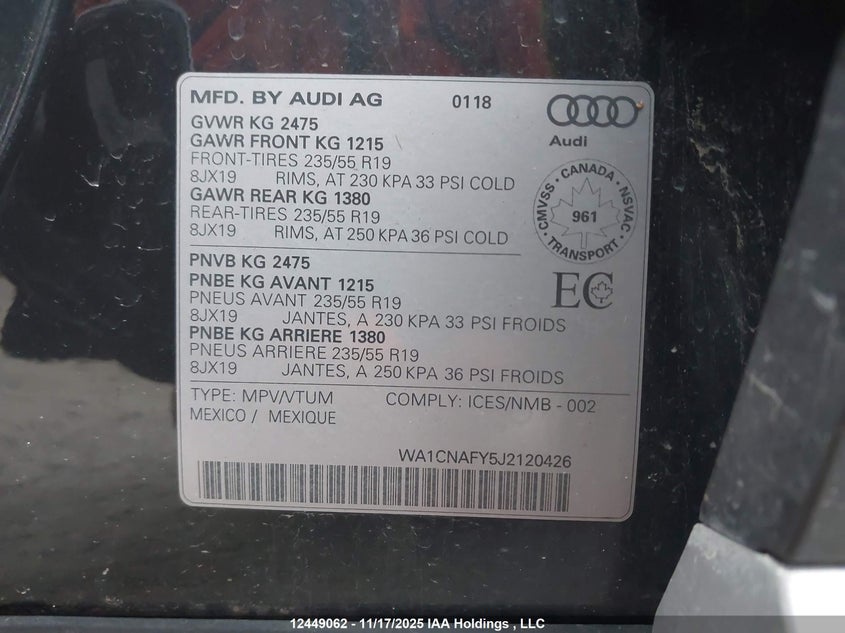 2018 Audi Q5 2.0T Technik VIN: WA1CNAFY5J2120426 Lot: 12449062