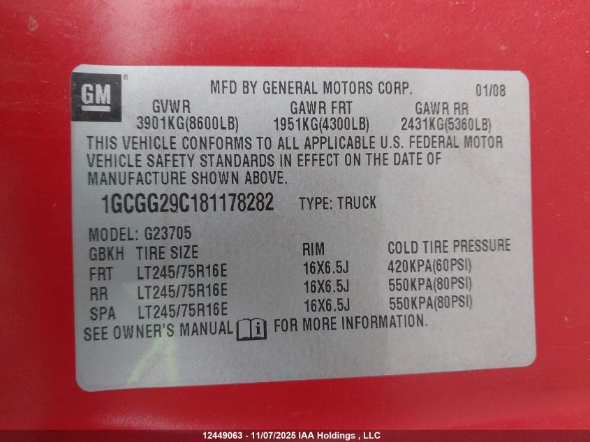 2008 Chevrolet Express Work Van VIN: 1GCGG29C181178282 Lot: 12449063