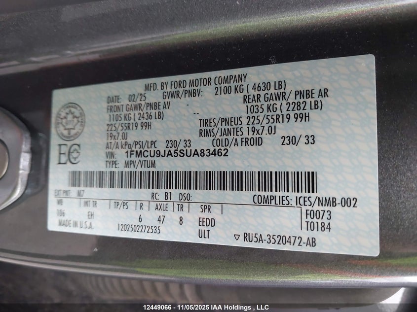 1FMCU9JA5SUA83462 2025 FORD ESCAPE photo no. 9
