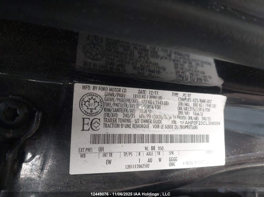 1FAHP3F23CL306059 2012 FORD FOCUS photo no. 9