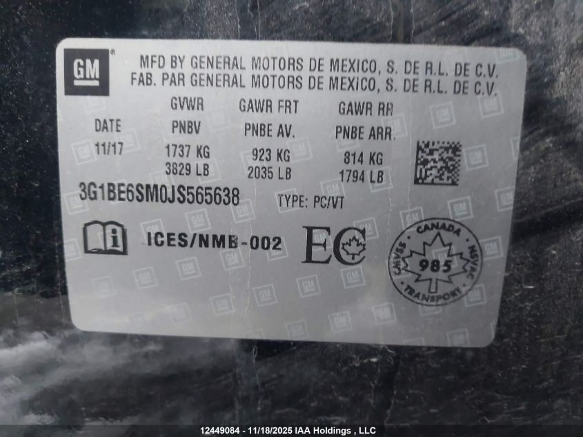 2018 Chevrolet Cruze VIN: 3G1BE6SM0JS565638 Lot: 12449084