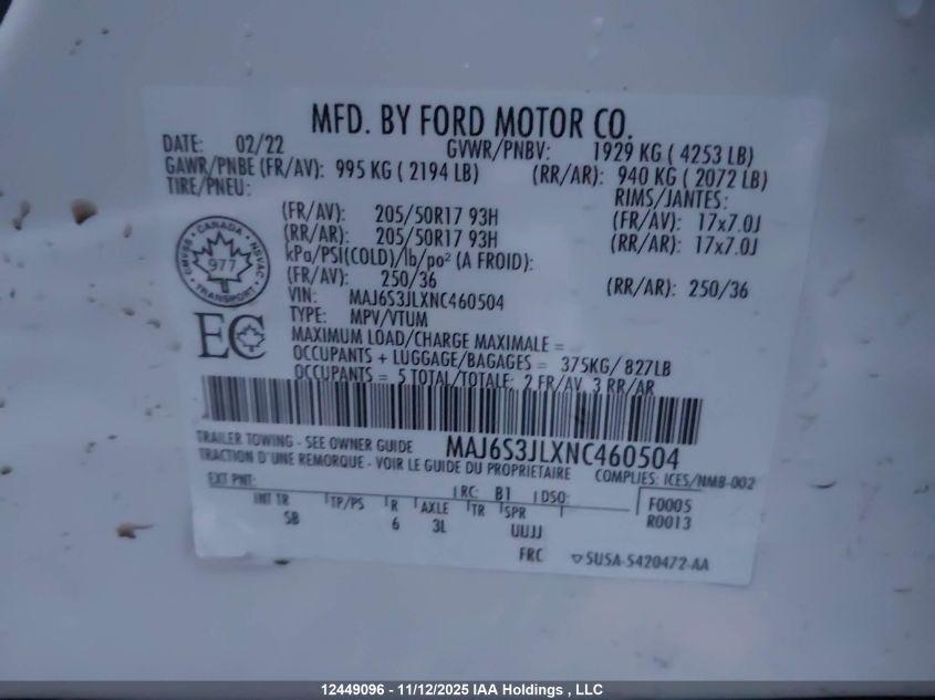 2022 Ford Ecosport VIN: MAJ6S3JLXNC460504 Lot: 12449096