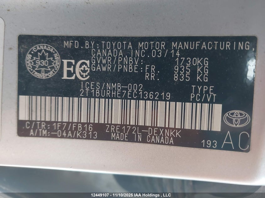 2T1BURHE7EC136219 2014 TOYOTA COROLLA photo no. 18
