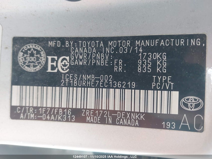 2T1BURHE7EC136219 2014 TOYOTA COROLLA photo no. 9