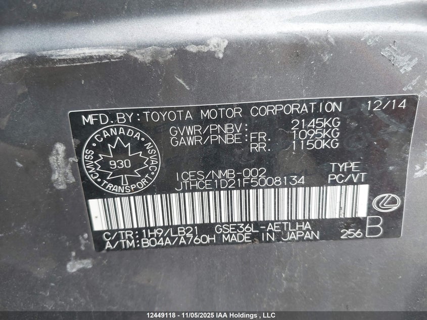 JTHCE1D21F5008134 2015 LEXUS IS photo no. 9