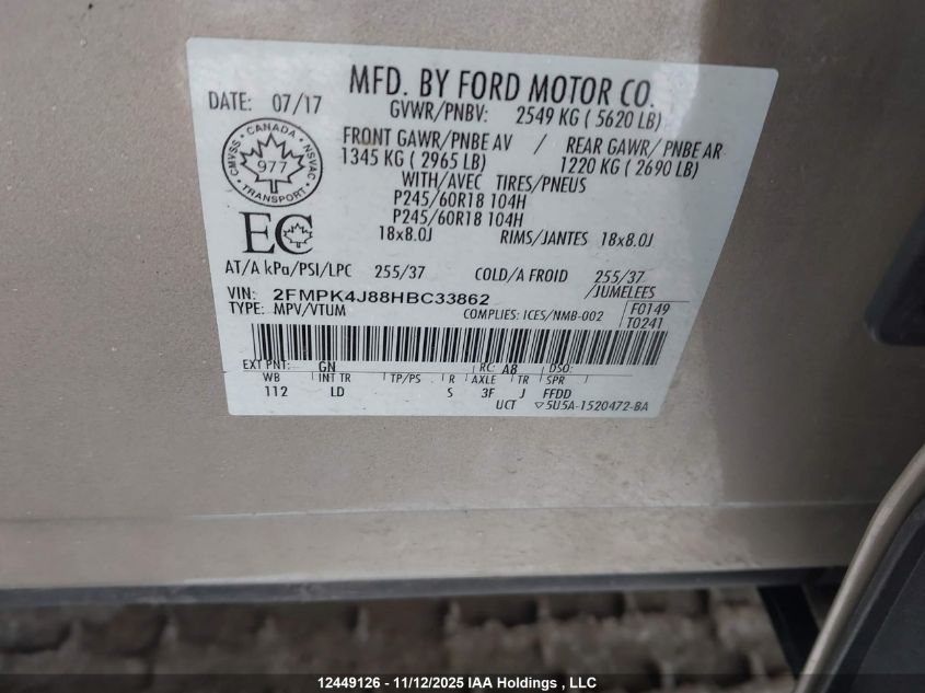 2017 Ford Edge Sel VIN: 2FMPK4J88HBC33862 Lot: 12449126