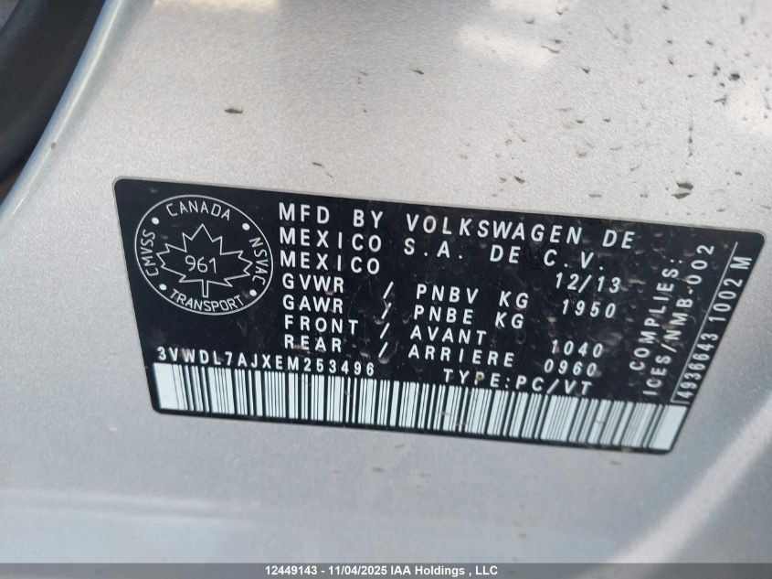 2014 Volkswagen Jetta 2.0 Tdi Comfortline/2.0 Tdi Highline/2.0 Tdi Trendline+ VIN: 3VWDL7AJXEM253496 Lot: 12449143