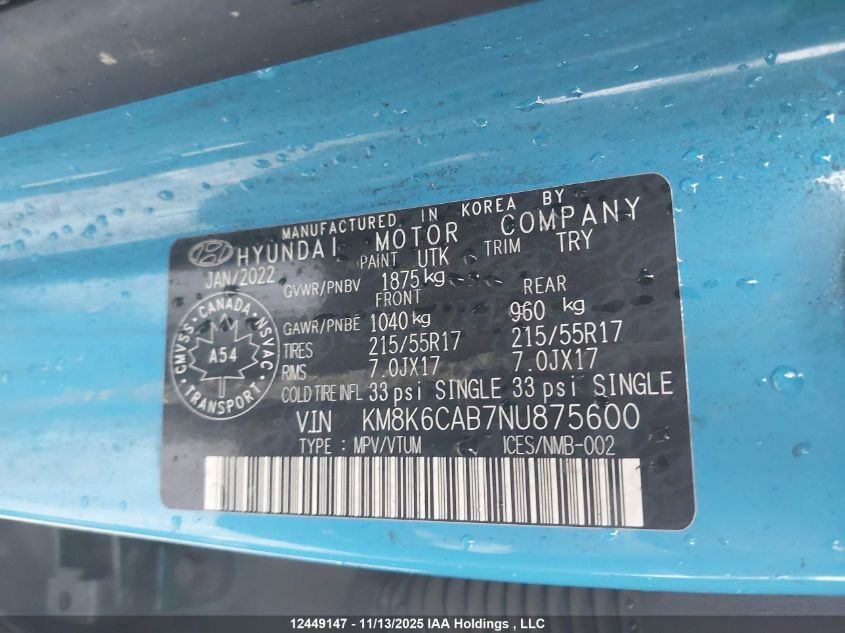 2022 Hyundai Kona Preferred Awd With Sun And Leather Package VIN: KM8K6CAB7NU875600 Lot: 12449147