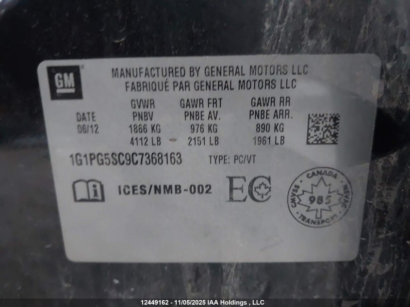 1G1PG5SC9C7368163 2012 CHEVROLET CRUZE photo no. 9