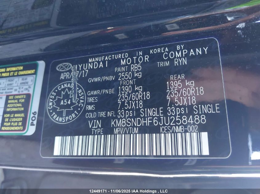 2018 Hyundai Santa Fe Xl Premium VIN: KM8SNDHF6JU258488 Lot: 12449171