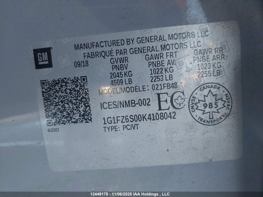 2019 Chevrolet Bolt Ev Premier VIN: 1G1FZ6S00K4108042 Lot: 12449178