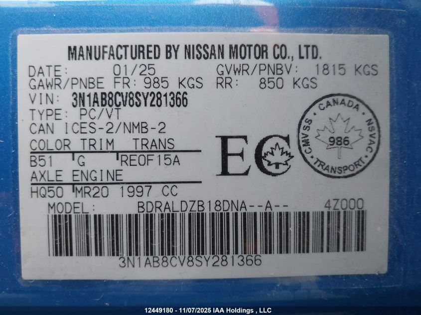 2025 Nissan Sentra Sv VIN: 3N1AB8CV8SY281366 Lot: 12449180