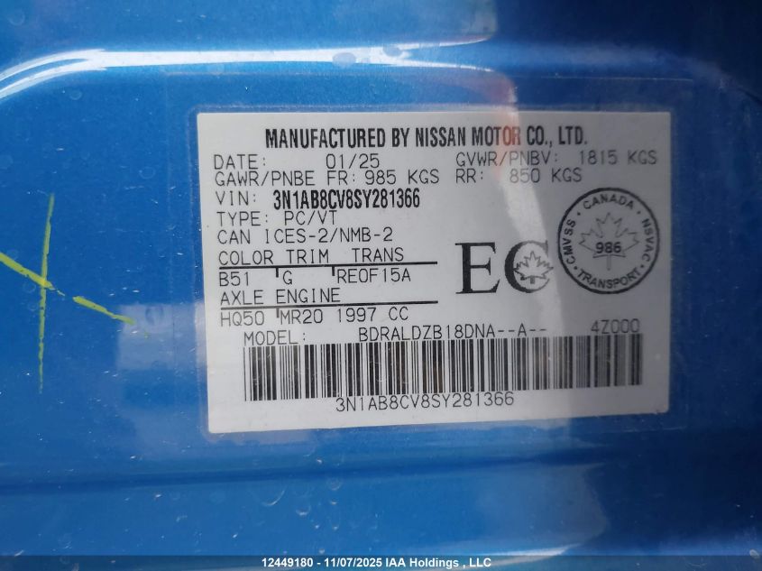 2025 Nissan Sentra Sv VIN: 3N1AB8CV8SY281366 Lot: 12449180