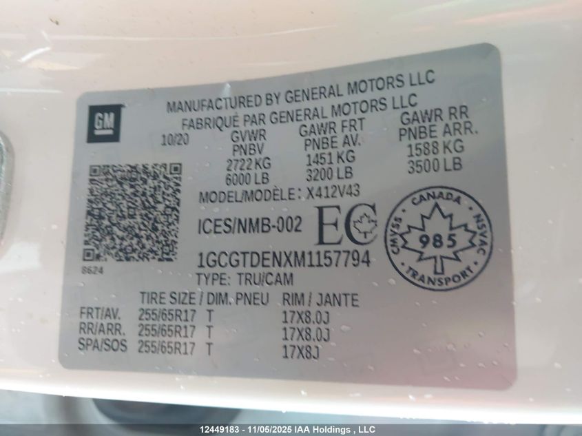 2021 Chevrolet Colorado Z71 VIN: 1GCGTDENXM1157794 Lot: 12449183