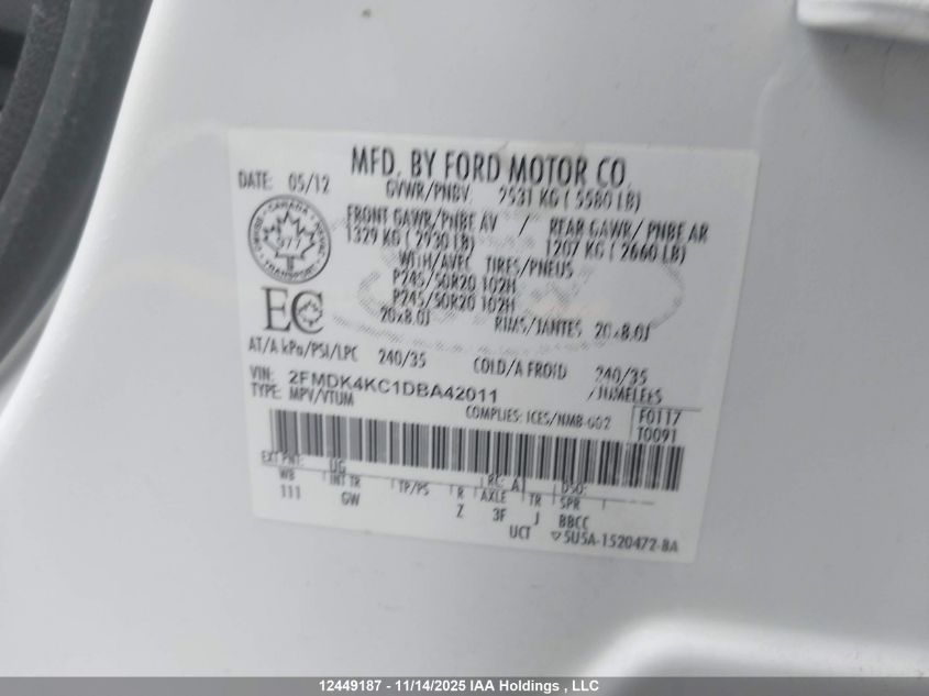 2013 Ford Edge VIN: 2FMDK4KC1DBA42011 Lot: 12449187