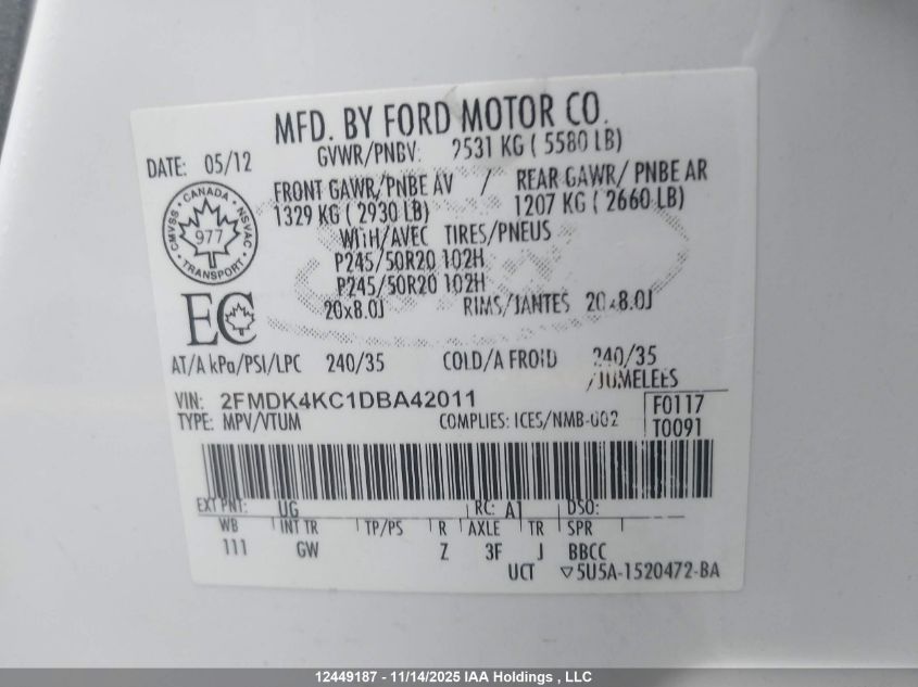 2013 Ford Edge VIN: 2FMDK4KC1DBA42011 Lot: 12449187