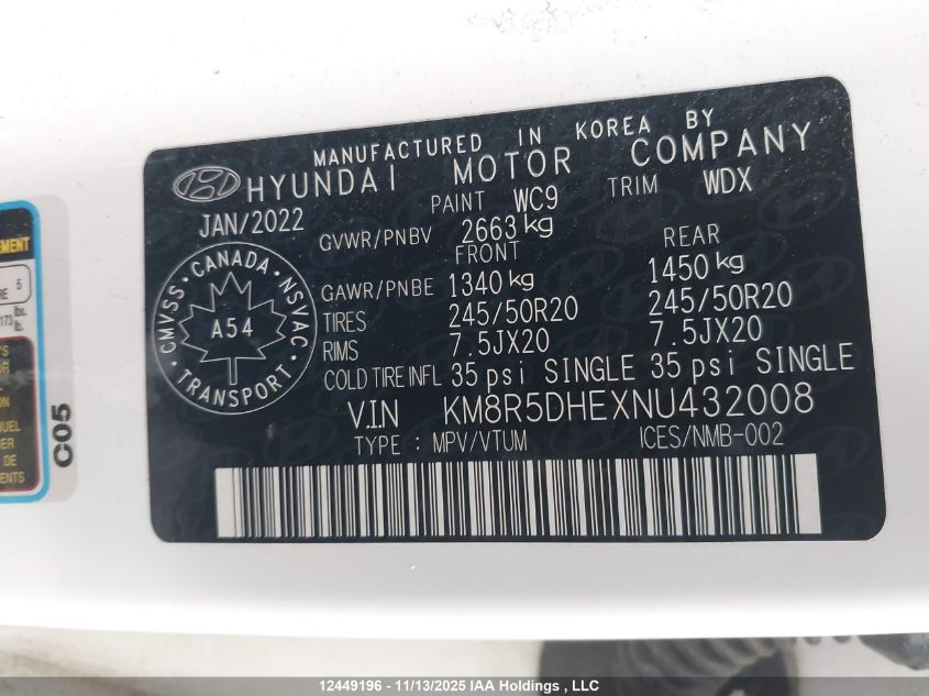 2022 Hyundai Palisade Ultimate Calligraphy VIN: KM8R5DHEXNU432008 Lot: 12449196