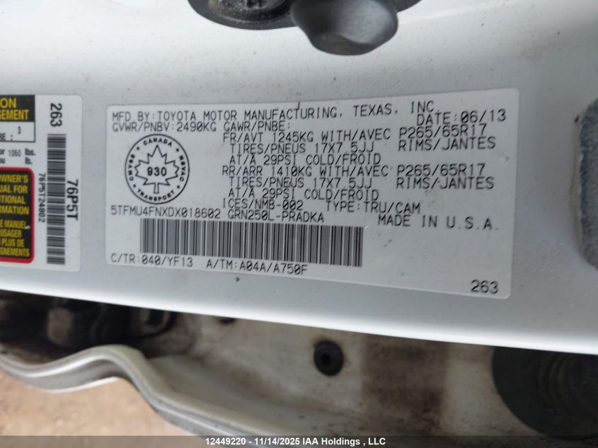 2013 Toyota Tacoma Double Cab Long Bed VIN: 5TFMU4FNXDX018602 Lot: 12449220