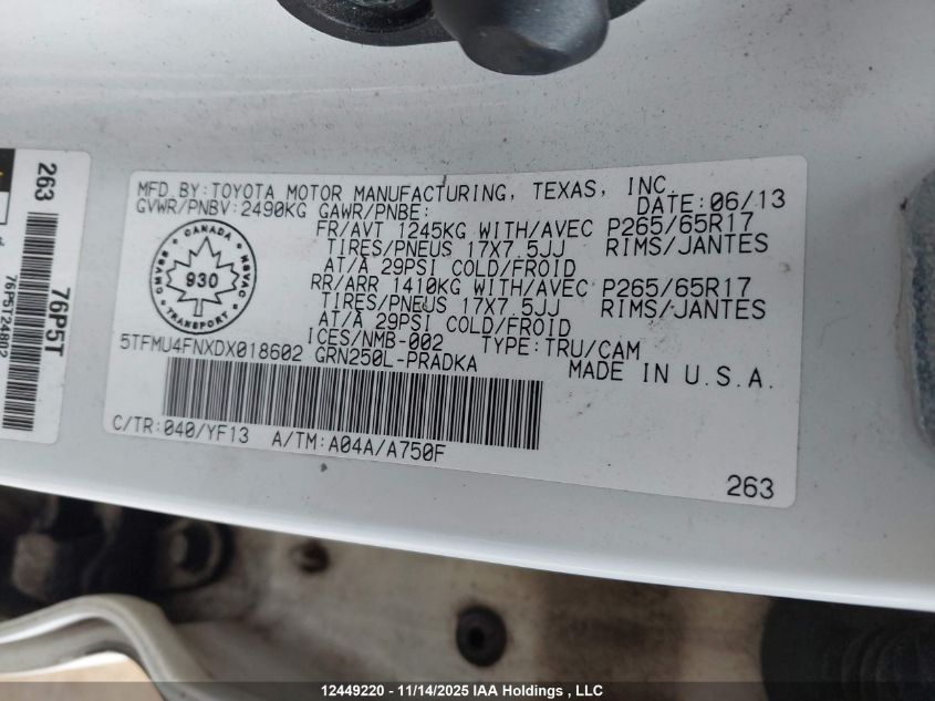 2013 Toyota Tacoma Double Cab Long Bed VIN: 5TFMU4FNXDX018602 Lot: 12449220