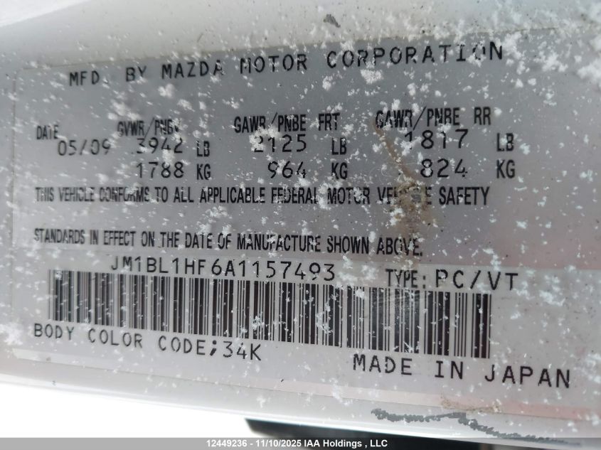 2010 Mazda Mazda3 VIN: JM1BL1HF6A1157493 Lot: 12449236
