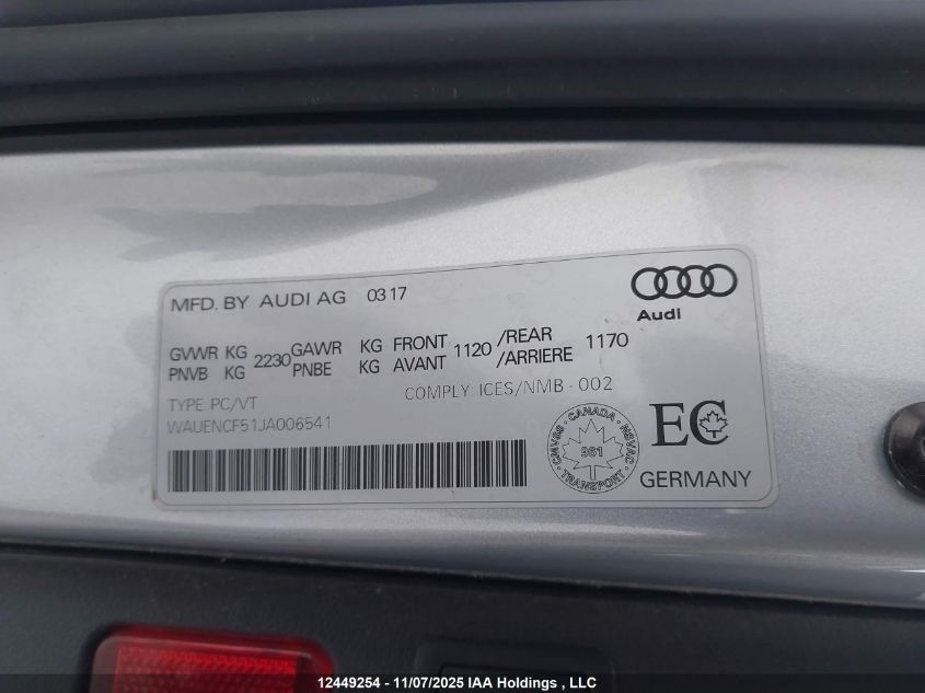 2018 Audi A5 2.0T Progressiv VIN: WAUENCF51JA006541 Lot: 12449254