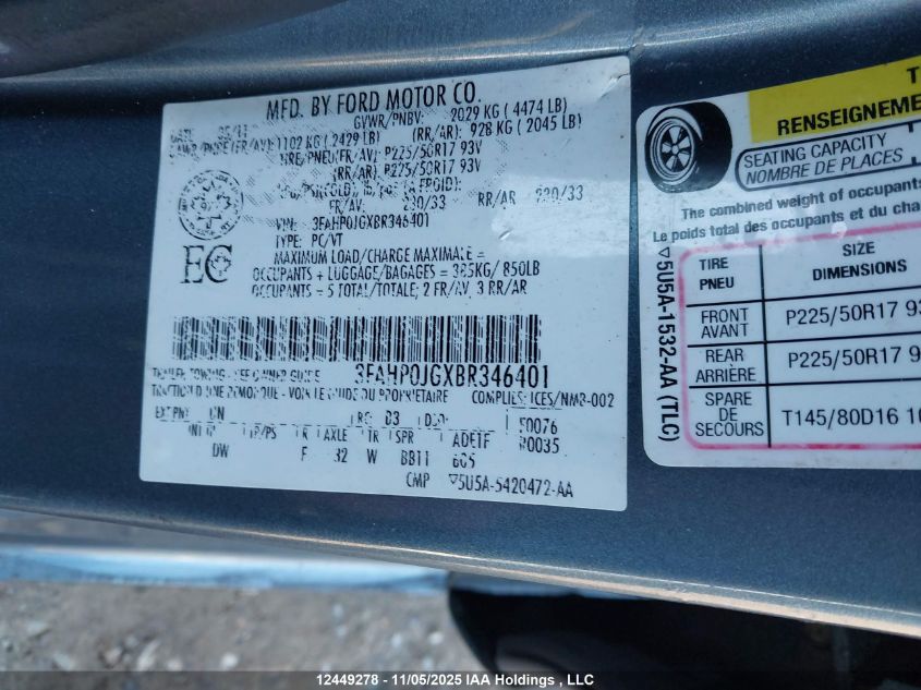 2011 Ford Fusion Sel VIN: 3FAHP0JGXBR346401 Lot: 12449278