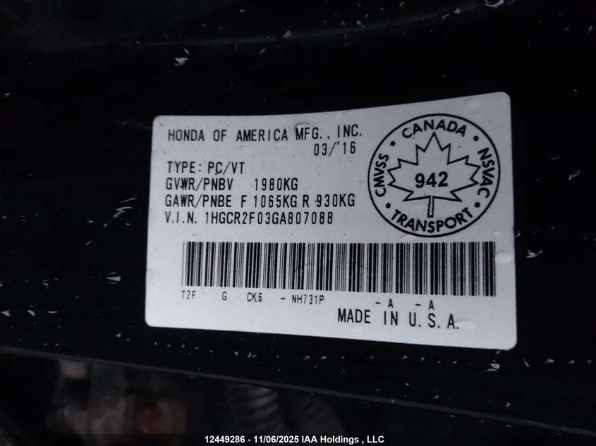 1HGCR2F03GA807088 2016 HONDA ACCORD photo no. 9