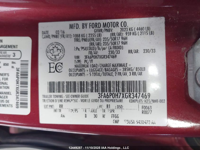 2016 Ford Fusion VIN: 3FA6P0H7XGR347469 Lot: 12449287