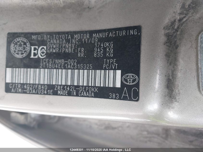 2010 Toyota Corolla VIN: 2T1BU4EE1AC315325 Lot: 12449301