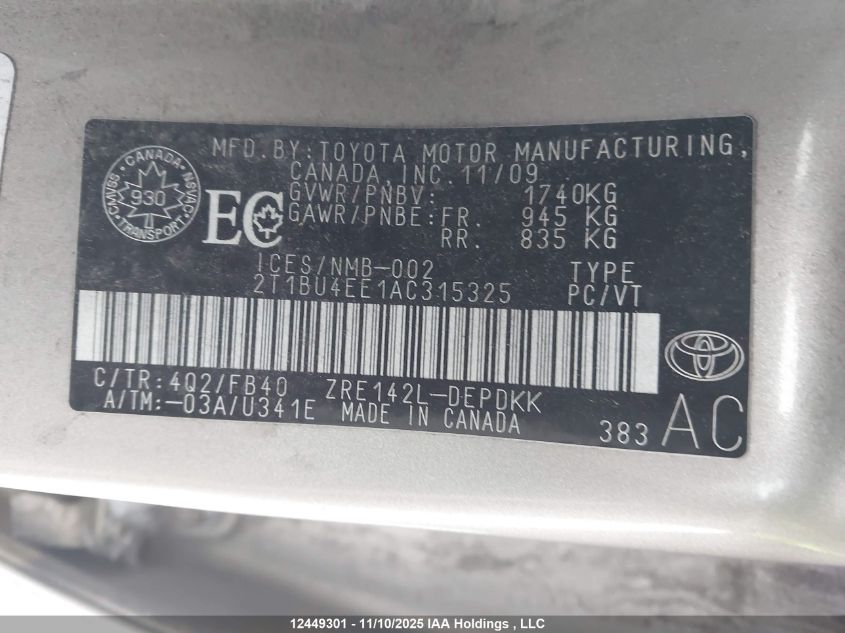 2010 Toyota Corolla VIN: 2T1BU4EE1AC315325 Lot: 12449301