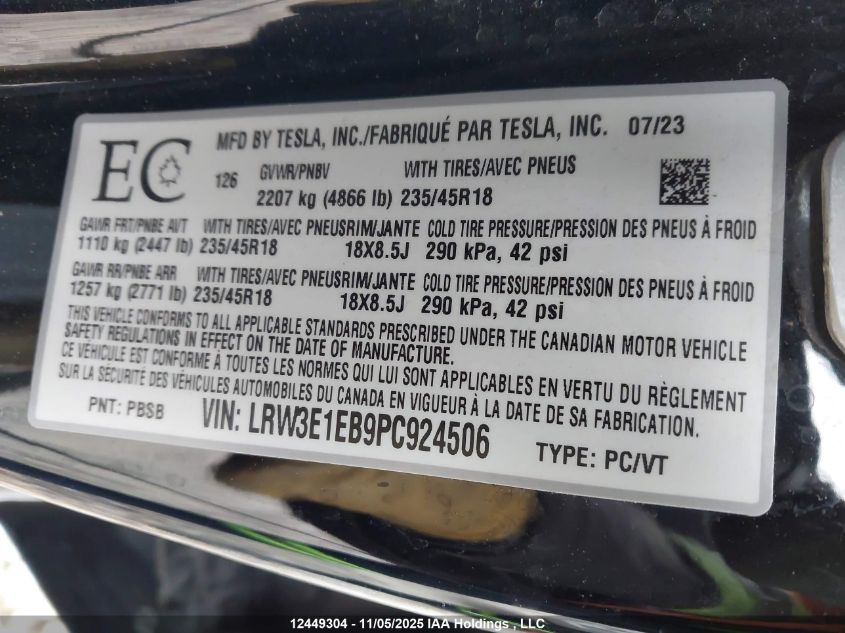 2023 Tesla Model 3 VIN: LRW3E1EB9PC924506 Lot: 12449304