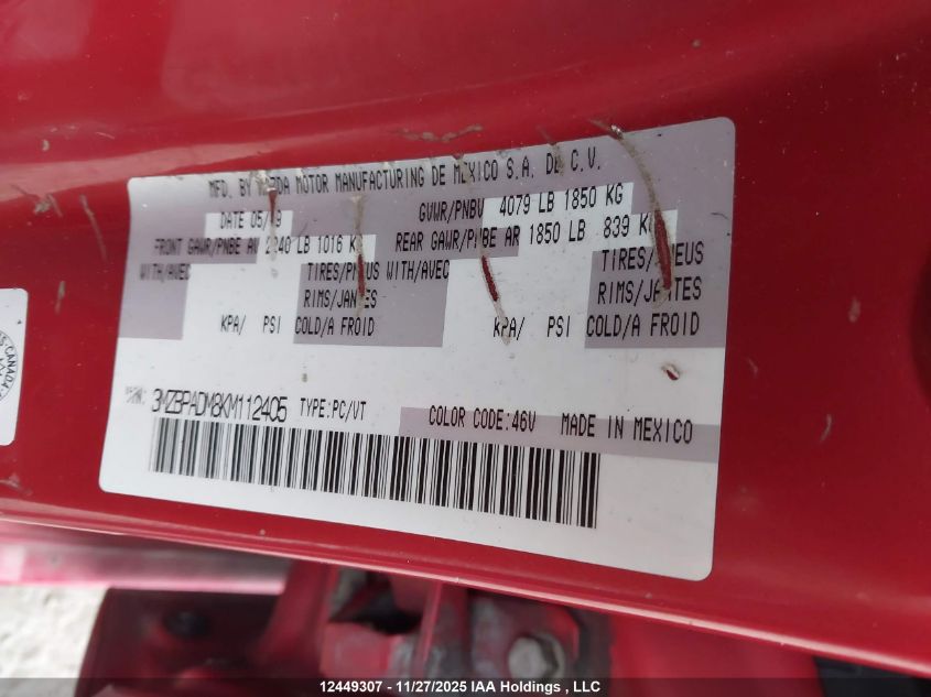 2019 Mazda Mazda3 Gt VIN: 3MZBPADM8KM112405 Lot: 12449307