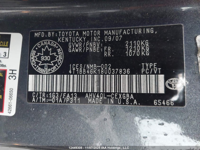 4T1BB46K18U037836 2008 TOYOTA CAMRY photo no. 9