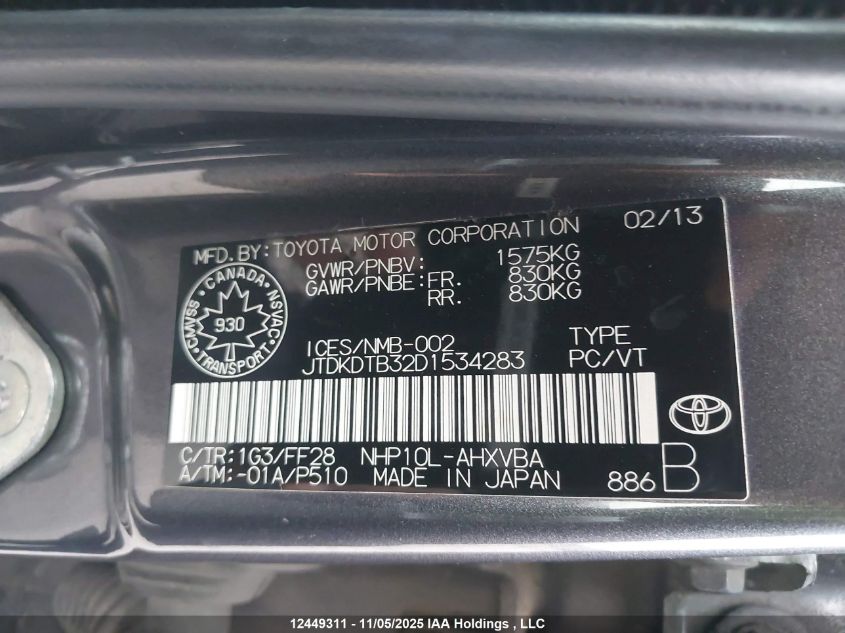 2013 Toyota Prius C VIN: JTDKDTB32D1534283 Lot: 12449311