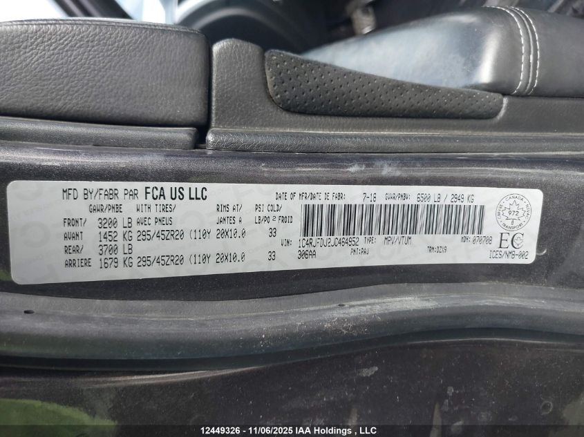 2018 Jeep Grand Cherokee Srt-8 VIN: 1C4RJFDJ2JC464952 Lot: 12449326