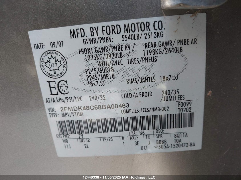 2FMDK48C68BA00463 2008 FORD EDGE photo no. 9