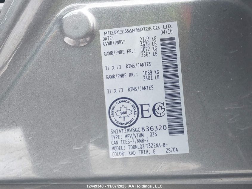 2016 Nissan Rogue S/Sl/Sv VIN: 5N1AT2MV8GC836320 Lot: 12449340